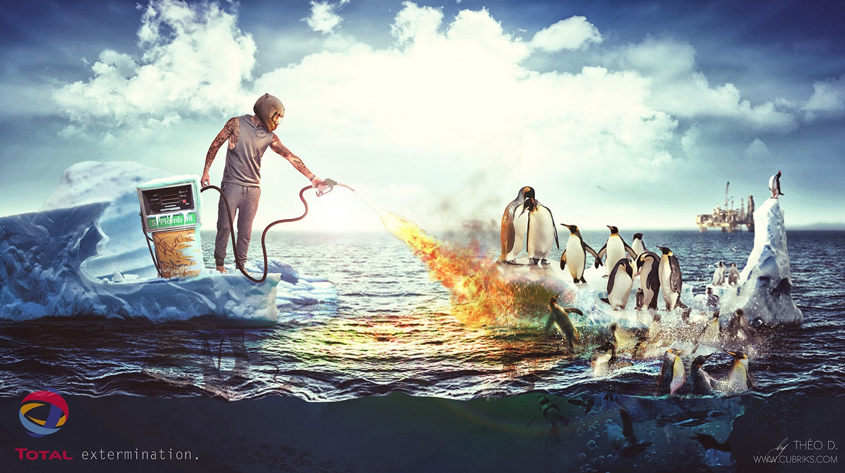photoshop, montagephoto, graphisme, total, pingouin, pingouinbrule, retouchephoto, antartique, rechauffementclimatique, ecologie, climat, consomation, montageps,
